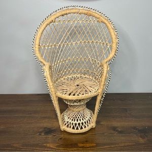 Vintage Mini Peacock Wicker Fan Back Rattan Chair 15.5" Plant Doll Stand Boho